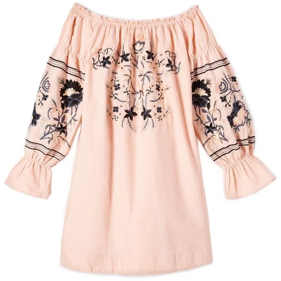Free People Fleur Du Jour Off the Shoulder Embroidered Pink Dress Size M - Picture 3 of 7